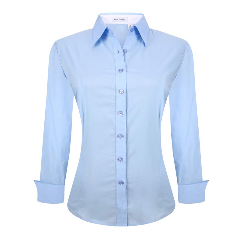 Alex Vando Womens Dress Shirts Wrinkle Free Regular Fit Long Sleeve Stretch Work Shirt,Blue,L - Image 1